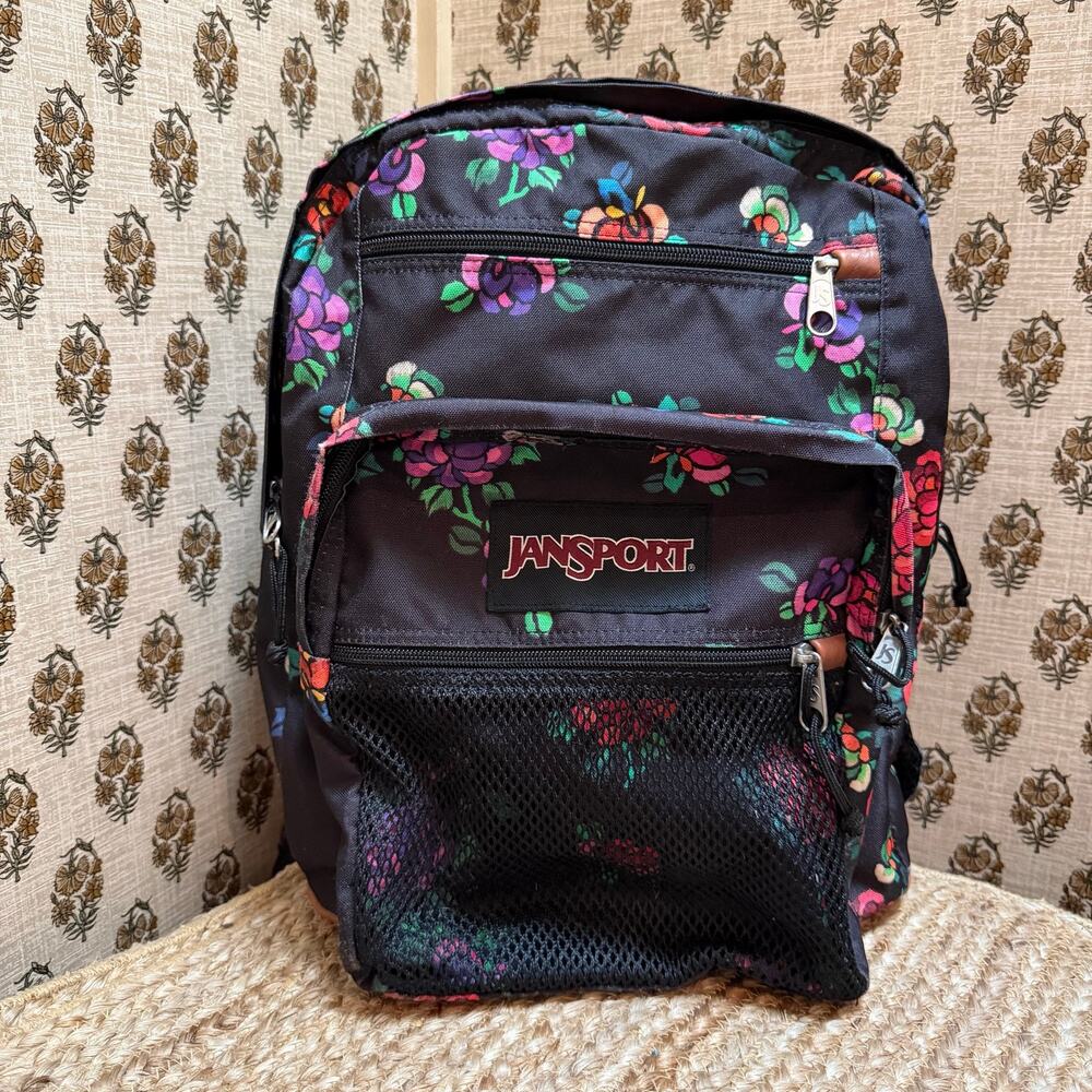 JanSport Student Leather Multi-Pocket Black Vivid Floral Backpack Dark Romantic